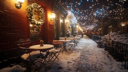 Obraz premium Winter wonderland street with illuminated cafÃ© tables