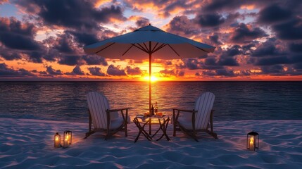 Fototapeta premium Romantic Beach Setting with Sunset and Umbrella Over Chairs