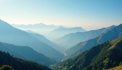 Fototapeta premium Misty morning over a vast mountain range under clear blue sky, scenery, misty