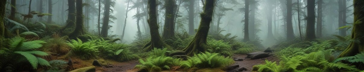 Obraz premium Misty, emerald forest floor covered in ferns and moss, vegetation, lush