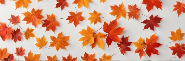 Fototapeta premium Individual maple leaves in shades of orange and red against a bright white background, nature, seasonal leaves, white background