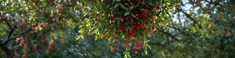 Fototapeta premium Hanging mistletoe with bright red berries amidst other outdoor foliage, botany, woody plants, evergreen