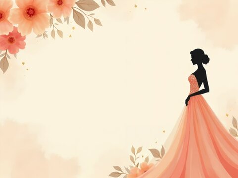 A bride in a soft peach gown with glowing sparkles. The border features peach and coral watercolor flowers with golden accents