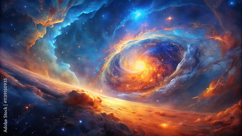 Wall mural cosmic nebula swirl a celestial tapestry of fiery orange and deep blue hues