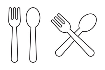 Tableware thin line icon set of fork, knife, spoon. Logotype menu. Cutlery and crockery sign. Flat style eating utensils symbol collection. Vector illustration