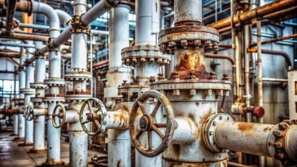 Fototapeta premium Rusty Industrial Pipework with Valves and Flanges in a Factory Setting