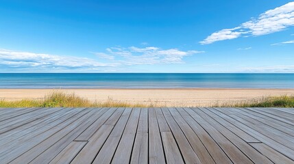 Tranquil Beach Scene with Wooden Deck and Clear Blue Sky