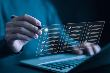 tick mark evaluation in the options check form online on a laptop. checklist concept, task audit in a list of documents. verify task detail business, process order. tick the checkmark in the survey it