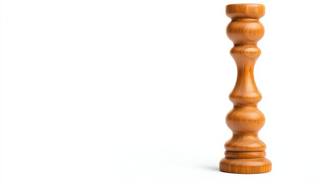 A wooden spindle with a smooth, polished finish stands upright against a plain background, showcasing its craftsmanship and design.