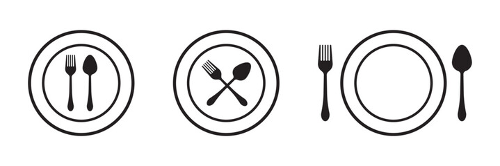 Fork and spoon icon set. Eatery symbol. Kitchen utensil vector illustration. Tableware serving sign. Crossed fork and spoon pictogram. Menu button.