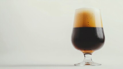 A dark beer in a tulip glass, topped with a frothy head, set against a light background.