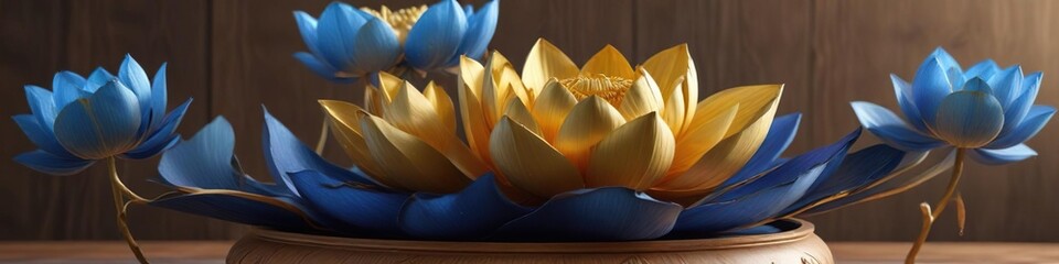 Obraz premium Blue and gold lotus flowers arranged in a elegant composition on a wooden pedestal, pedestal, elegance