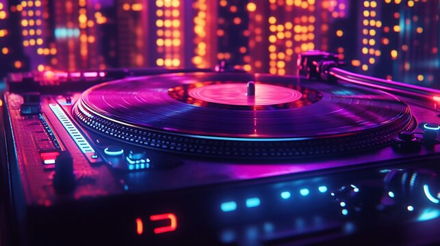 Neon-lit turntable spinning vinyl record against city lights.