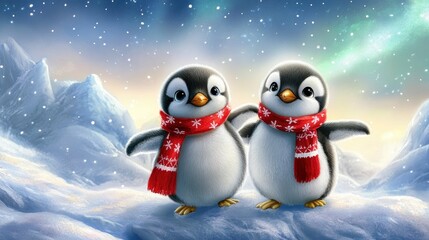 Fototapeta premium two cute penguins in winter scarves under northern lights