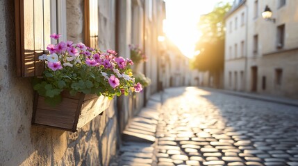 Charming street scene with blooming flowers at sunset.