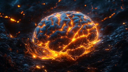 Fototapeta premium Futuristic concept of AI analysis, automation, and big data with a glowing brain symbolizing artificial intelligence. Blurred bright tones of gold, silver, and white suggest innovation and digital gro