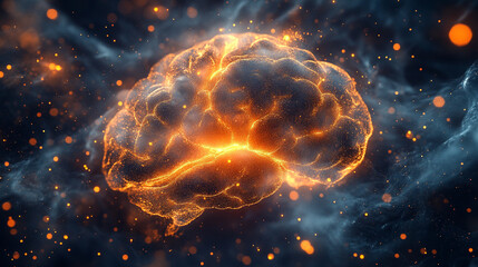 Futuristic concept of AI analysis, automation, and big data with a glowing brain symbolizing artificial intelligence. Blurred bright tones of gold, silver, and white suggest innovation and digital gro