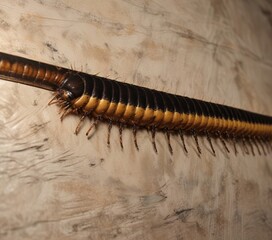 Obraz premium Centipede with yellowish-brown and black stripes on the wall, yellow and black striped, centipede, striped pattern