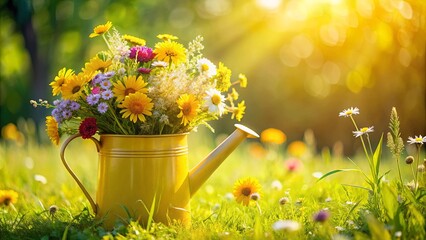 A vibrant summer bouquet of wildflowers arranged in a yellow watering can, bathed in golden sunlight on a lush green meadow