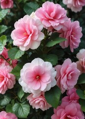 Deep pink begonias with large white blooms on a green leafy stem , garden, white, bloom