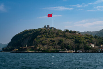 A high hill near the fishing village of Anadolu Kavagi with the ruins of the fortress of Yoros at...