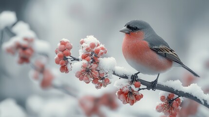 Bird perched on snowy branch with blossoms.