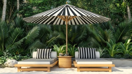Fototapeta premium Relaxing Beach Setup with Striped Umbrella and Lounge Chairs