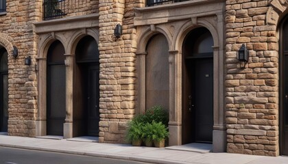 Obraz premium Elegant stone walls with metal accents on the Chelsea apartment building's exterior, detailed, elegant, facade