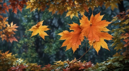 Single maple leaf with vibrant autumn colors against a backdrop of dark, bluish green leaves , red, seasonal