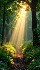 Obraz premium Morning sunbeams filtering through dappled foliage, atmosphere, sunlight