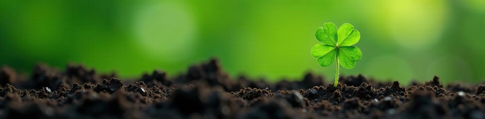 Naklejka premium Green clover sprouts through dark compacted earth, foliage, greens, nature