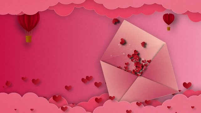 Open pink envelope with red hearts spilling out, surrounded by clouds and hot air balloons, symbolizing love and romance for Valentine's Day or celebrations.