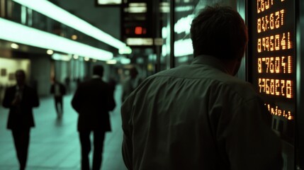 Man viewing stock market numbers in a busy city.