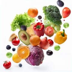 Fresh, colorful fruits and vegetables floating mid-air on a clean white background for health and food visuals.