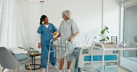 Women, caregiver and patient with walking frame at hospital for help, recovery and wellbeing. People, senior person and healthcare practitioner at clinic for support, physiotherapy and rehabilitation - Powered by Adobe