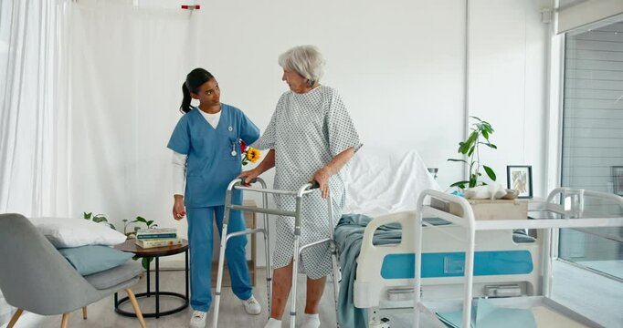 Women, caregiver and patient with walking frame at hospital for help, recovery and wellbeing. People, senior person and healthcare practitioner at clinic for support, physiotherapy and rehabilitation