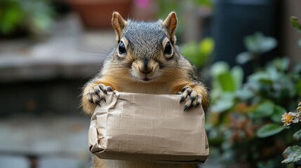 A squirrel holds a small package, showcasing its playful nature in a garden setting.