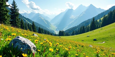 lush alpine vegetation in a high-altitude meadow, meadow, trees