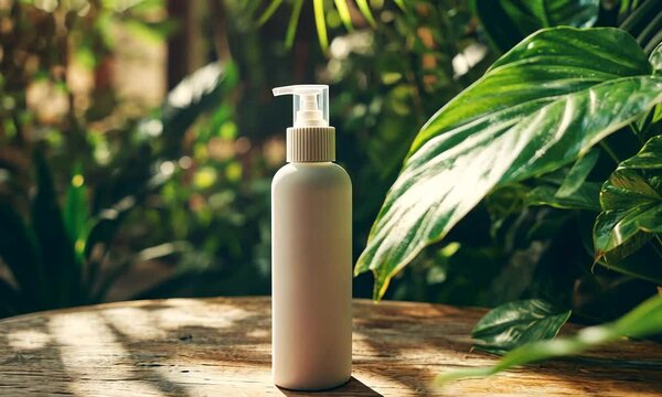 White pump bottle of lotion or serum amidst lush tropical greenery.