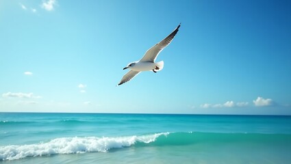 Fototapeta premium A seagull flying above the ocean under a bright sky.