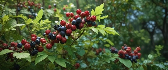 A bushy thicket of mixed wild berries with green leaves and stems, tree roots, plant life, woodland landscape