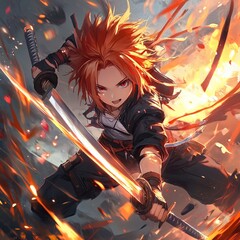 Fiery anime boy wielding katana.