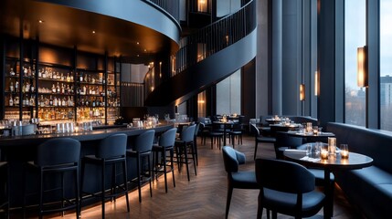 Elegant restaurant interior with a bar and seating.