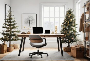 Modern home office with large window, Christmas trees, and elegant decor on wooden desk. Minimalistic and stylish design concept.
