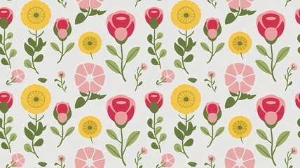 Fototapeta premium Simple Floral Pattern with Roses, Daisies, and Leaves in Flat Style and Soft Color Palette