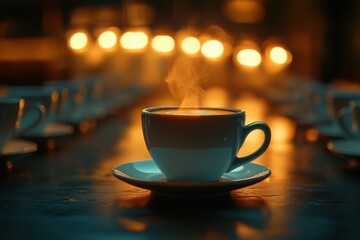 Obraz premium A steaming cup of coffee sits on a saucer, surrounded by blurred cups and warm candlelight. Perfect for concepts of warmth, comfort, and relaxation.