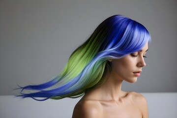 Naklejka premium A woman with vibrant. multicolored hair stands out against a white backdrop.