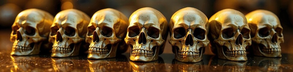 Skulls aligned in a row on a metallic surface, eerie, skulls, gold