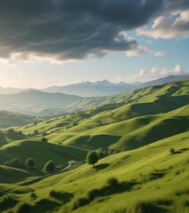 Obraz premium Rolling hills and green pastures of the Caucasus countryside , cattle grazing, , nature landscape