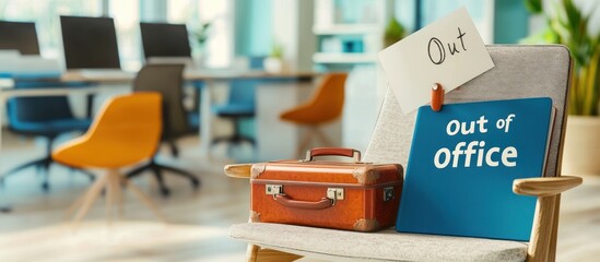 Empty office chair with suitcase and "Out of Office" sign.
